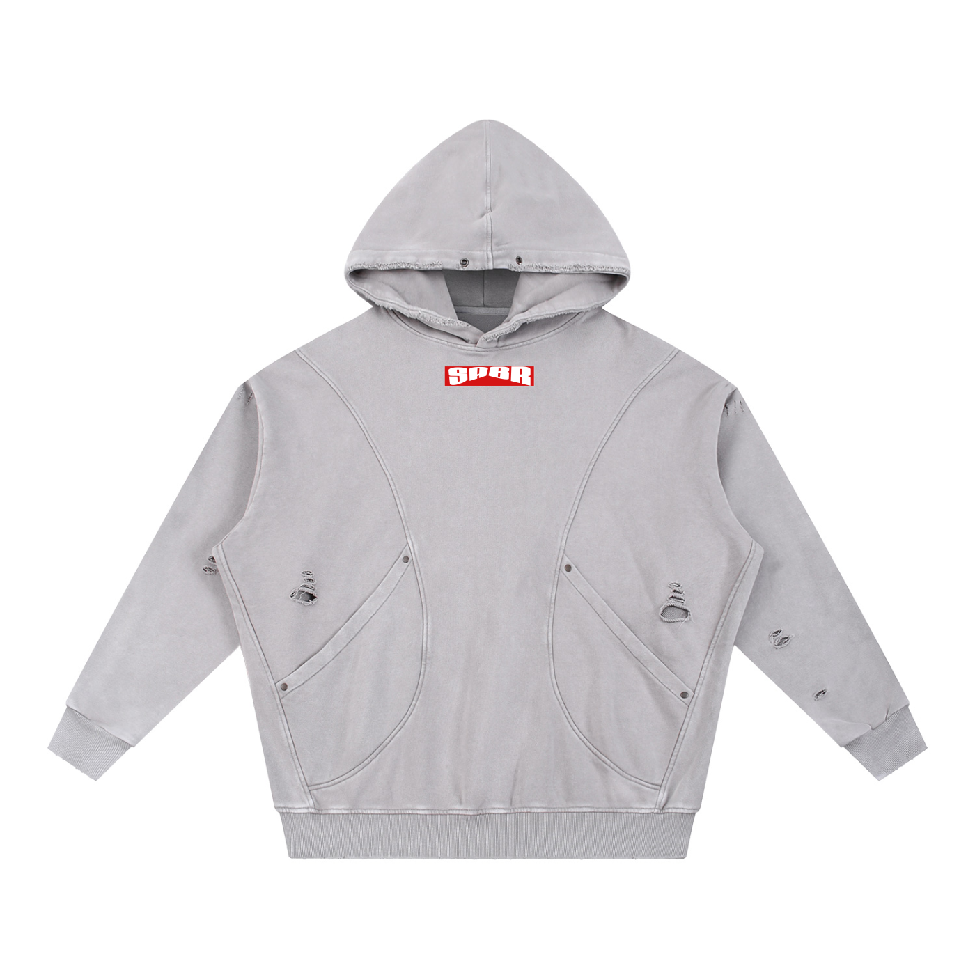 Snow Washed Distressed Panel Pocket Hoodie