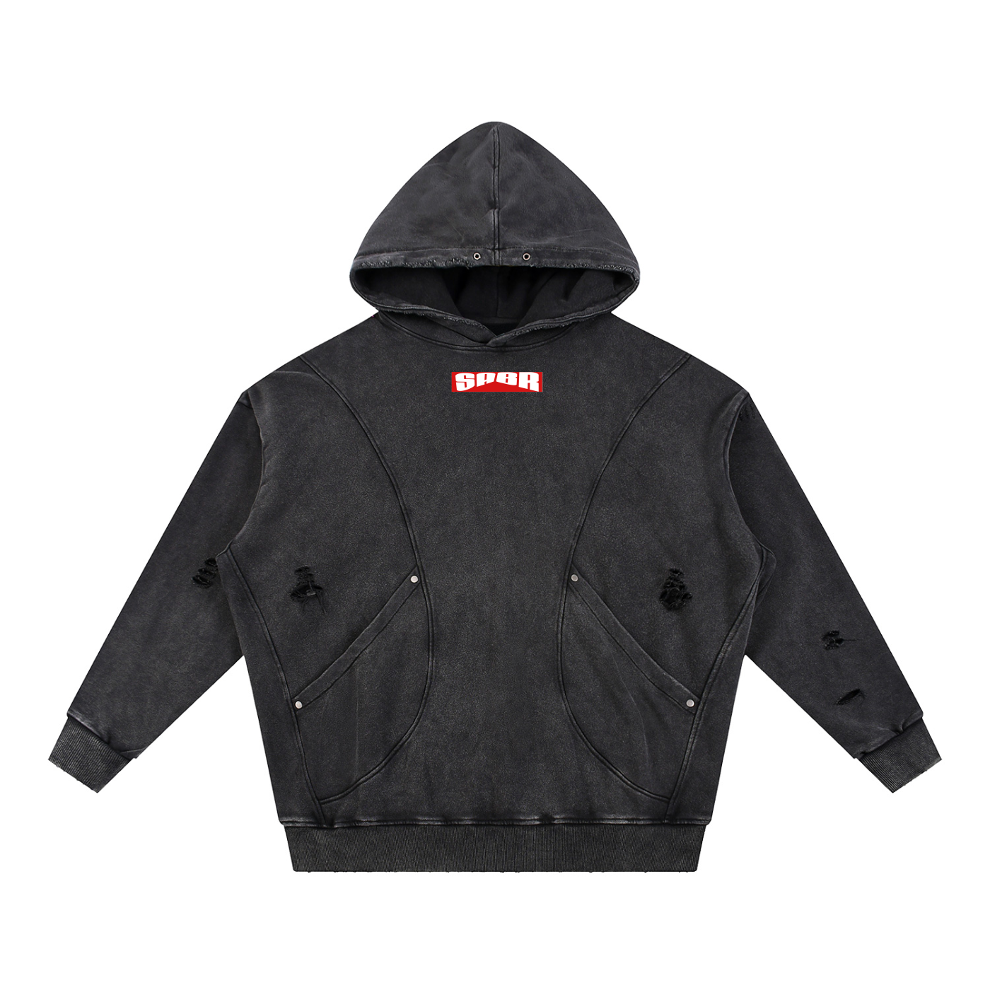 Snow Washed Distressed Panel Pocket Hoodie